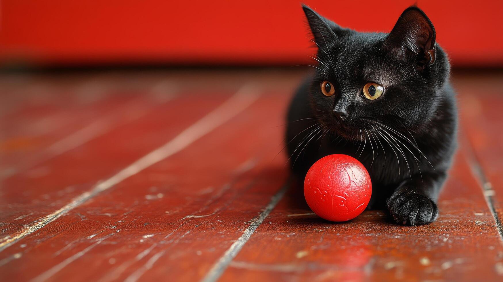 A black cat playing with a red ball photo