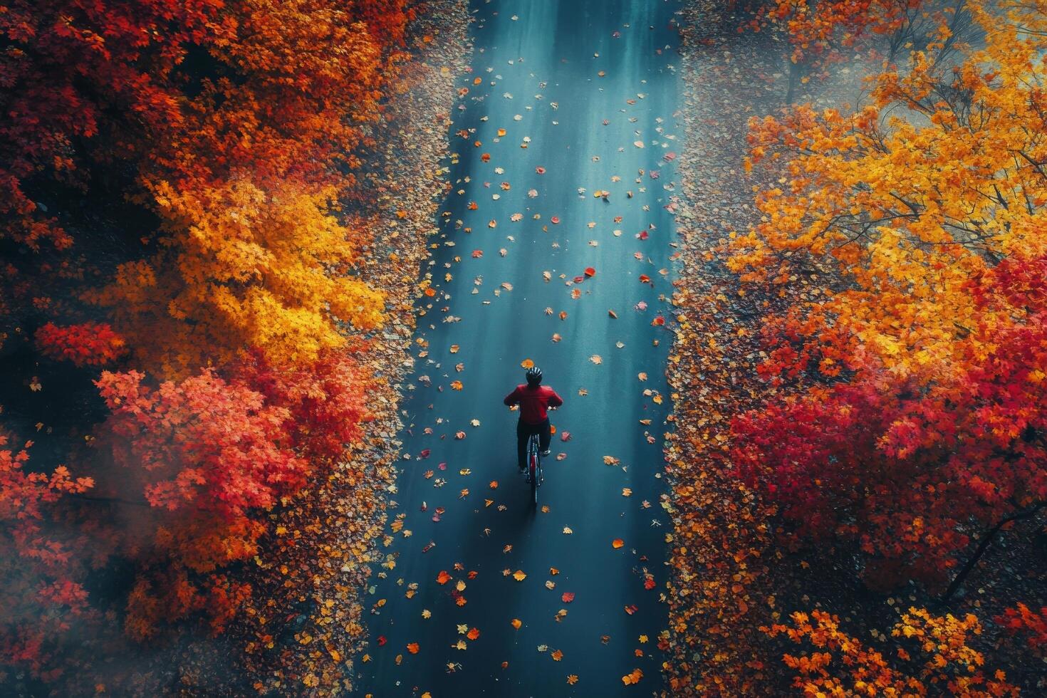 Aerial view of a man running through autumn trees photo