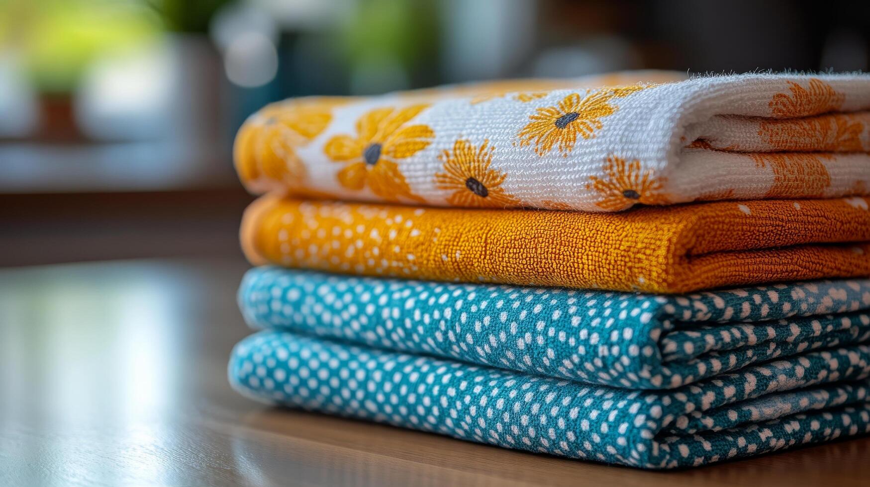 A stack of colorful towels on a wooden table photo