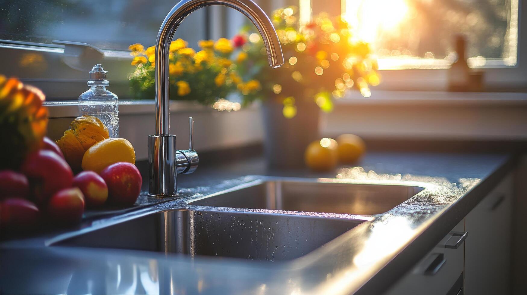 A kitchen sink with a faucet and fruit on the counter photo