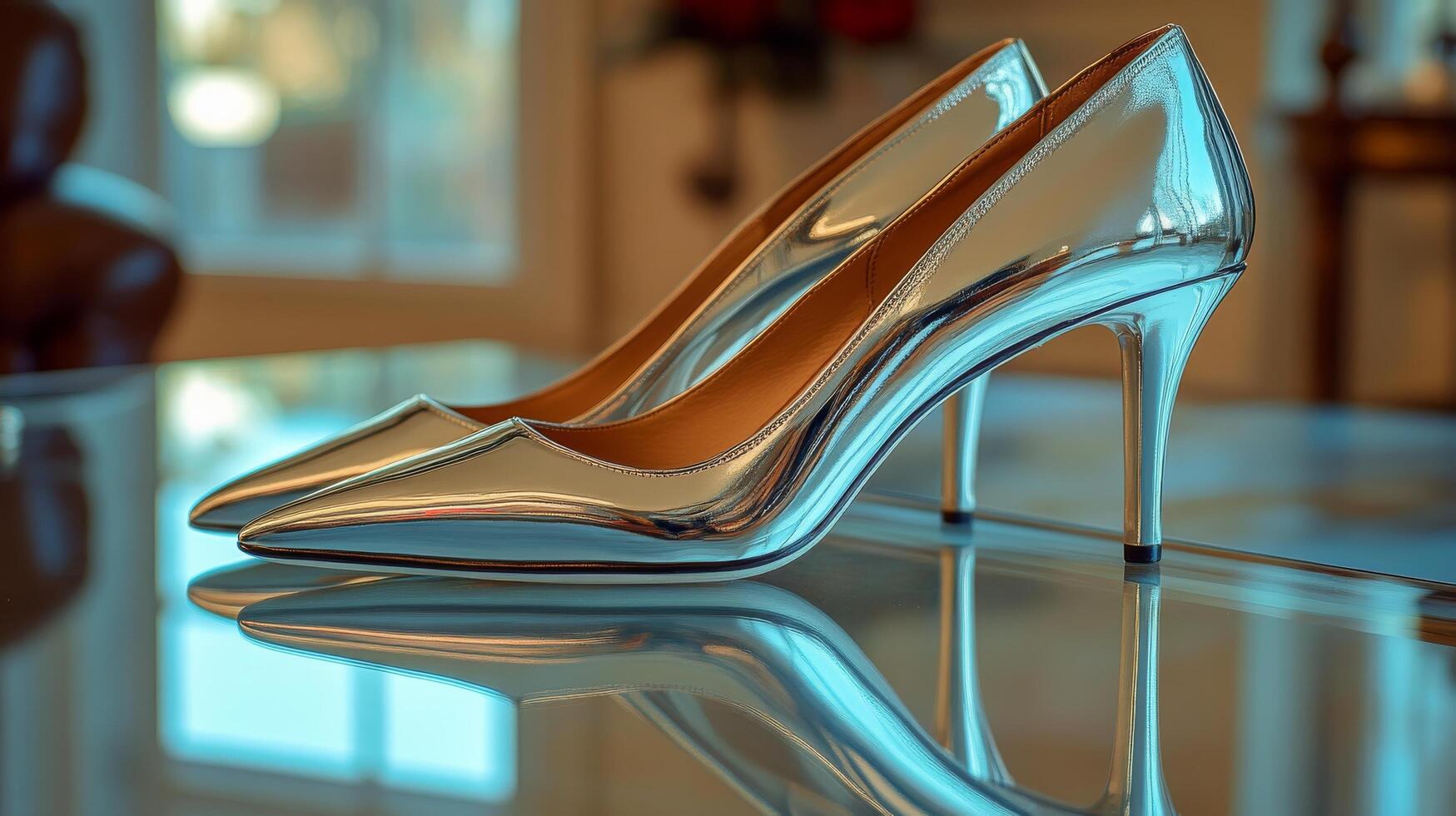 A pair of shiny high heels on a glass table photo
