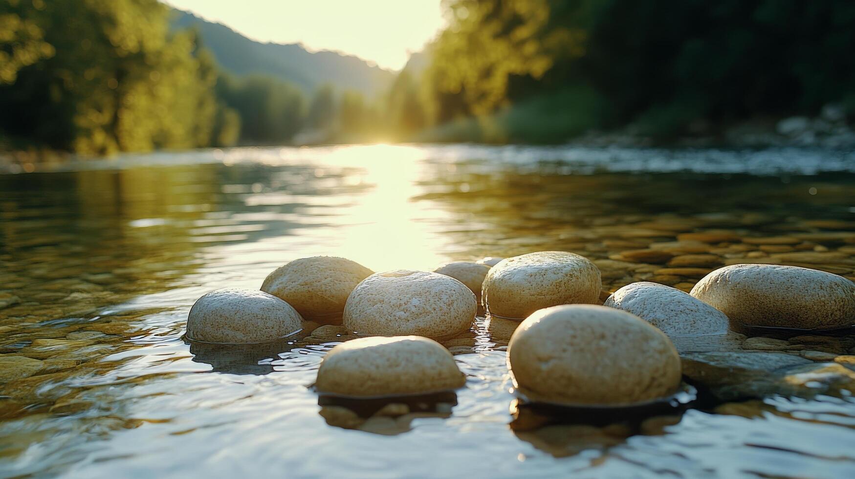 Stones in the river at sunset photo
