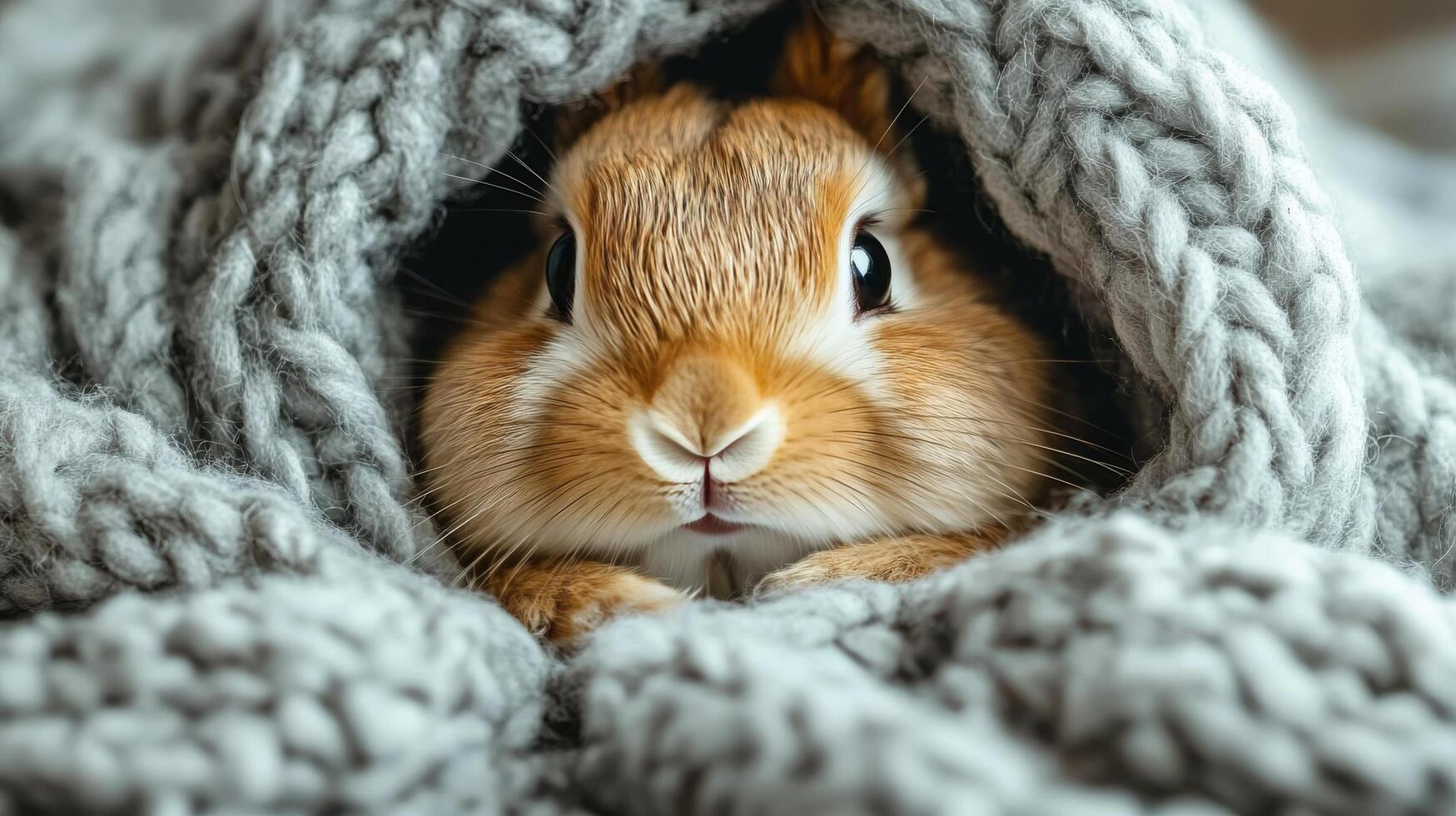 A small rabbit is hiding under a blanket photo