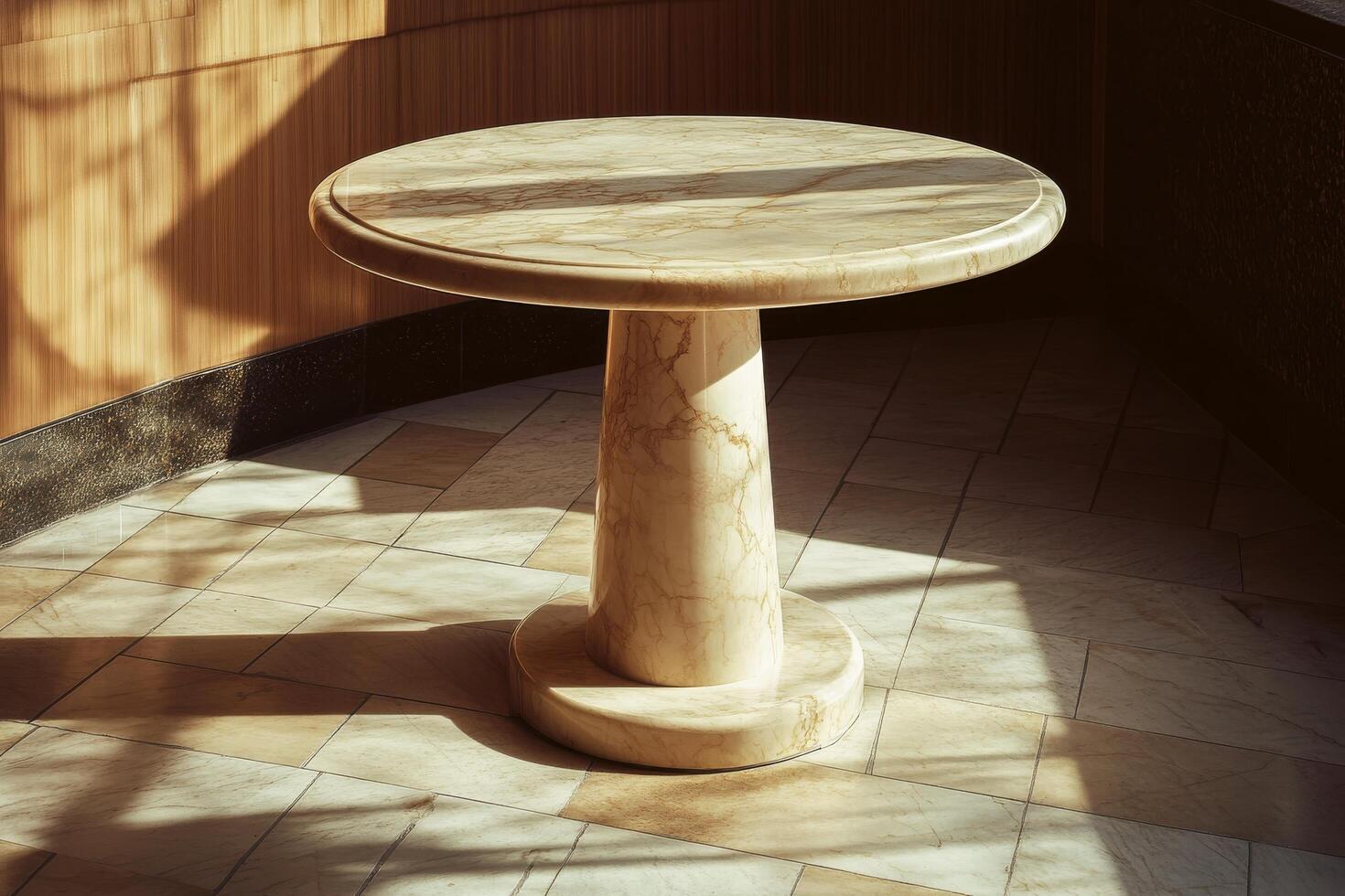 A marble table with a circular base and a shadow on the floor photo