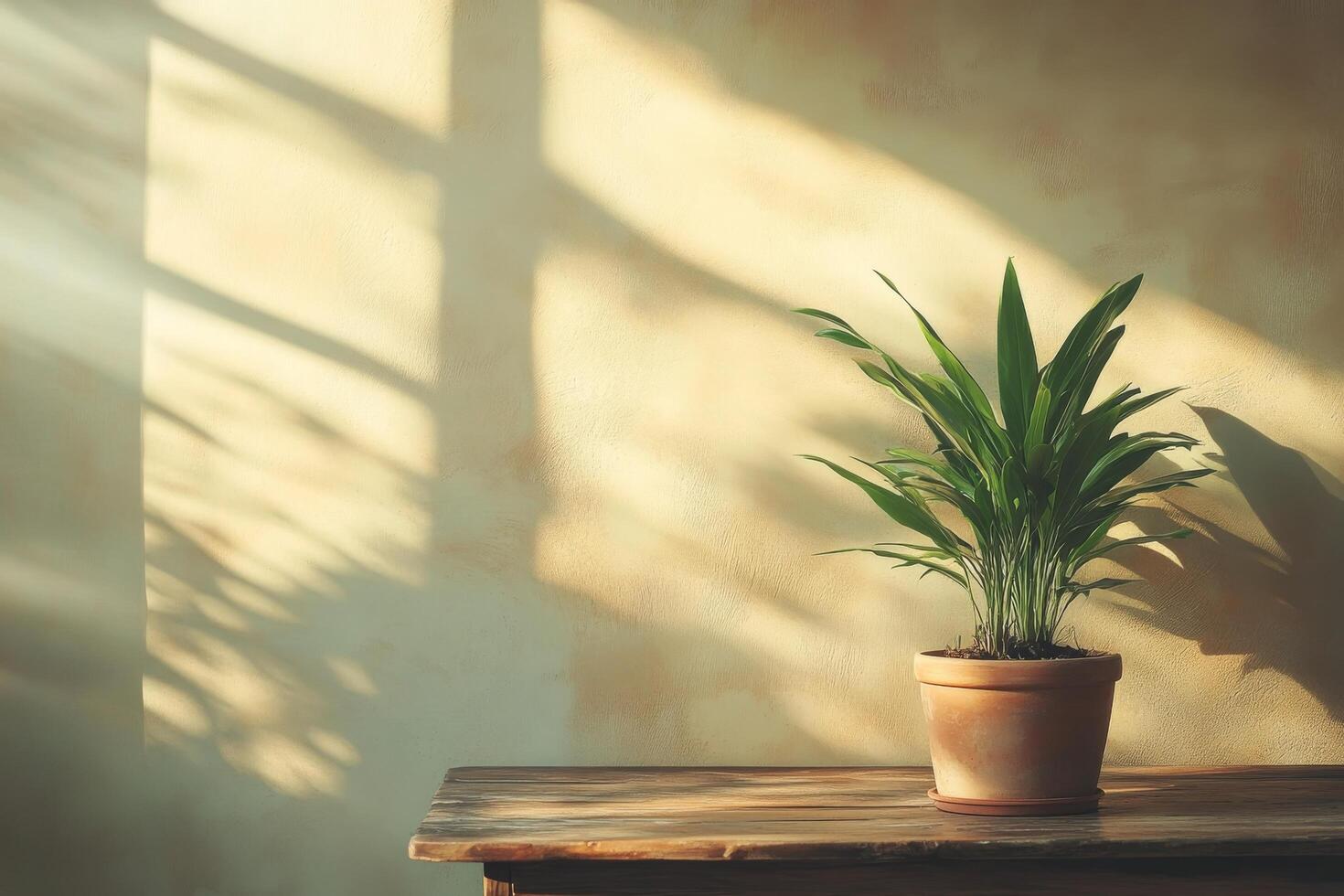 A potted plant sits on a wooden table in front of a wall photo