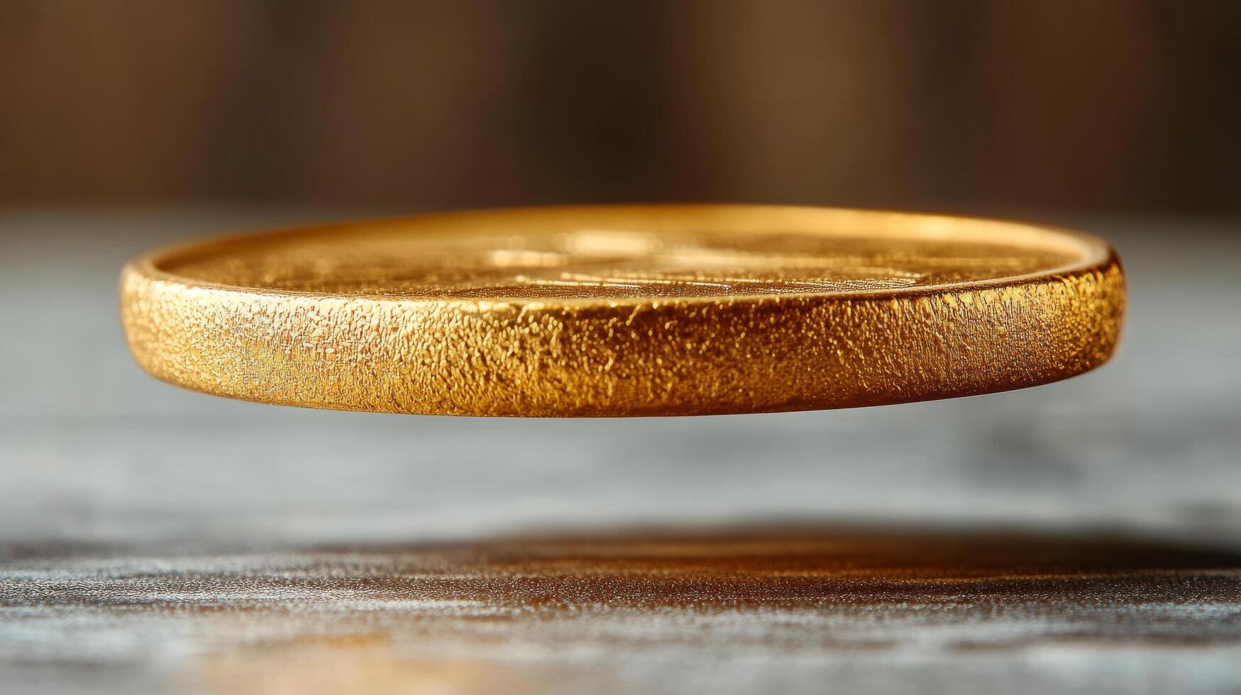 Golden coin floating in air on wooden table photo