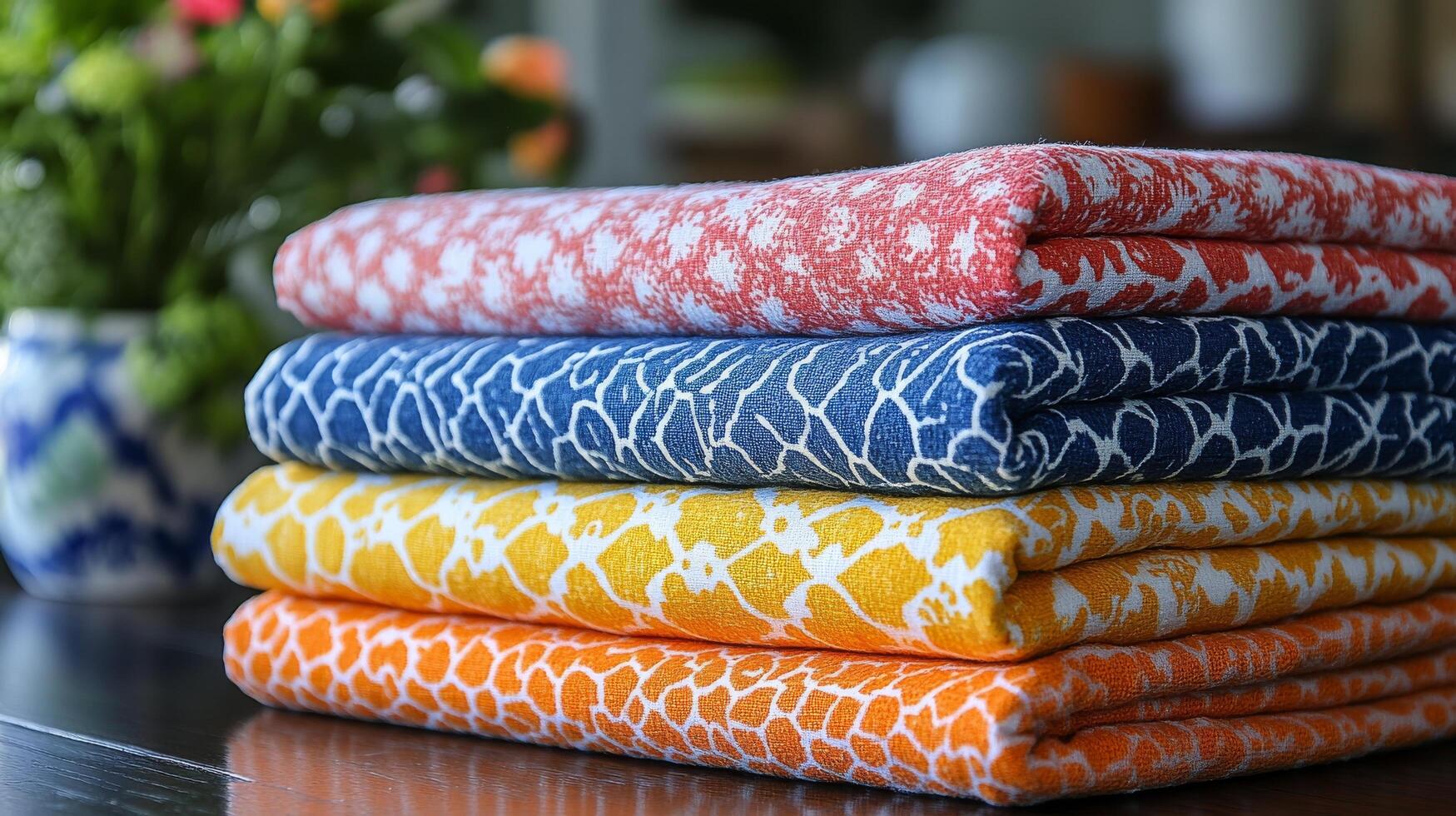 A stack of colorful towels on a table photo