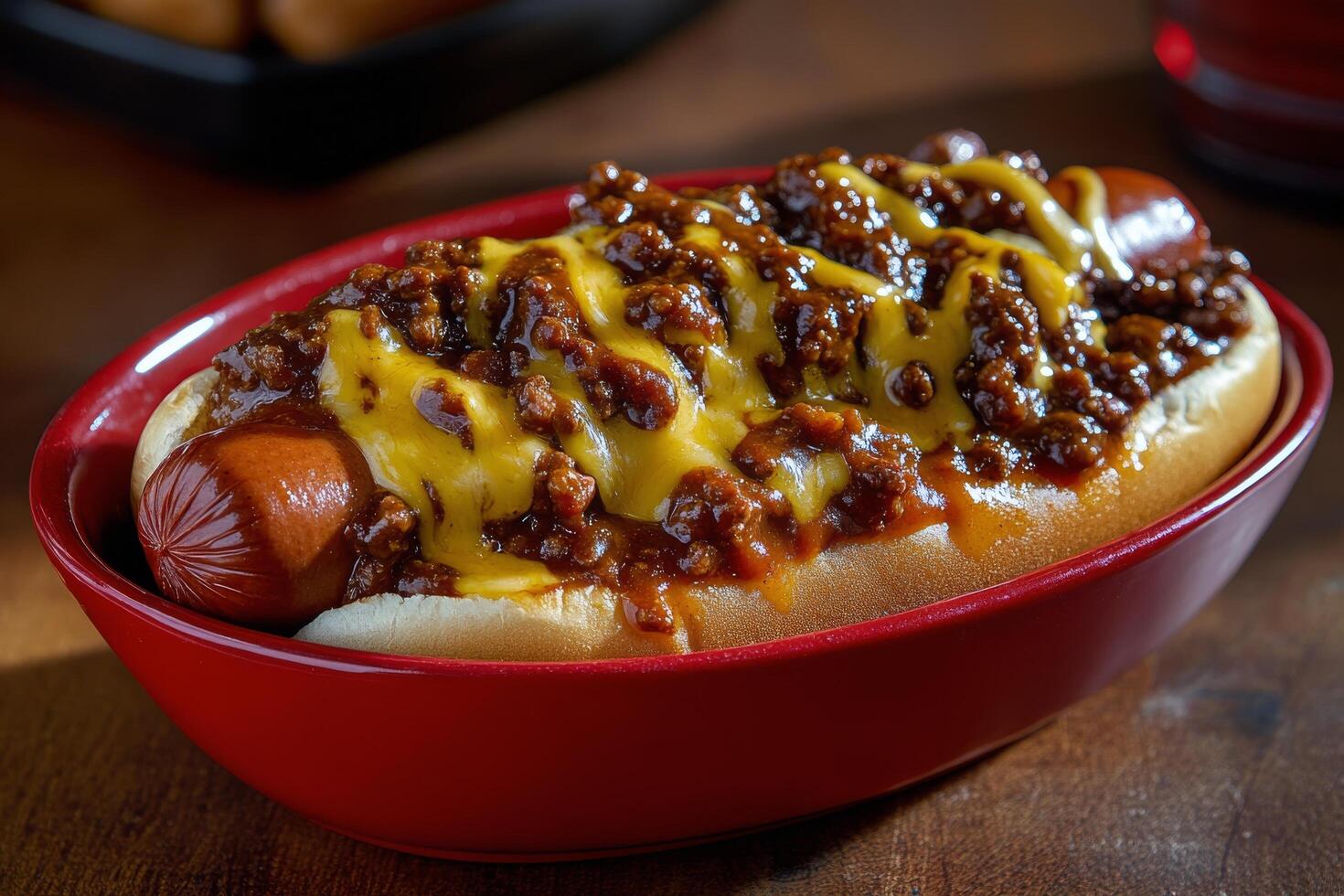 A chili dog with cheese and chili in a red bowl photo
