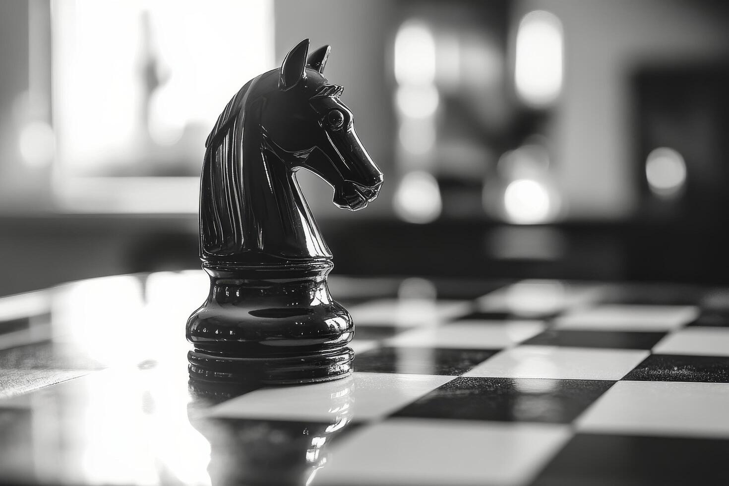 Black and white photo of a chess piece on a chess board