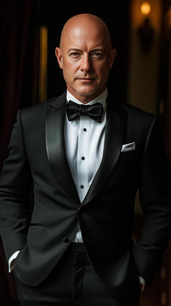 A bald man in a tuxedo and bow tie photo
