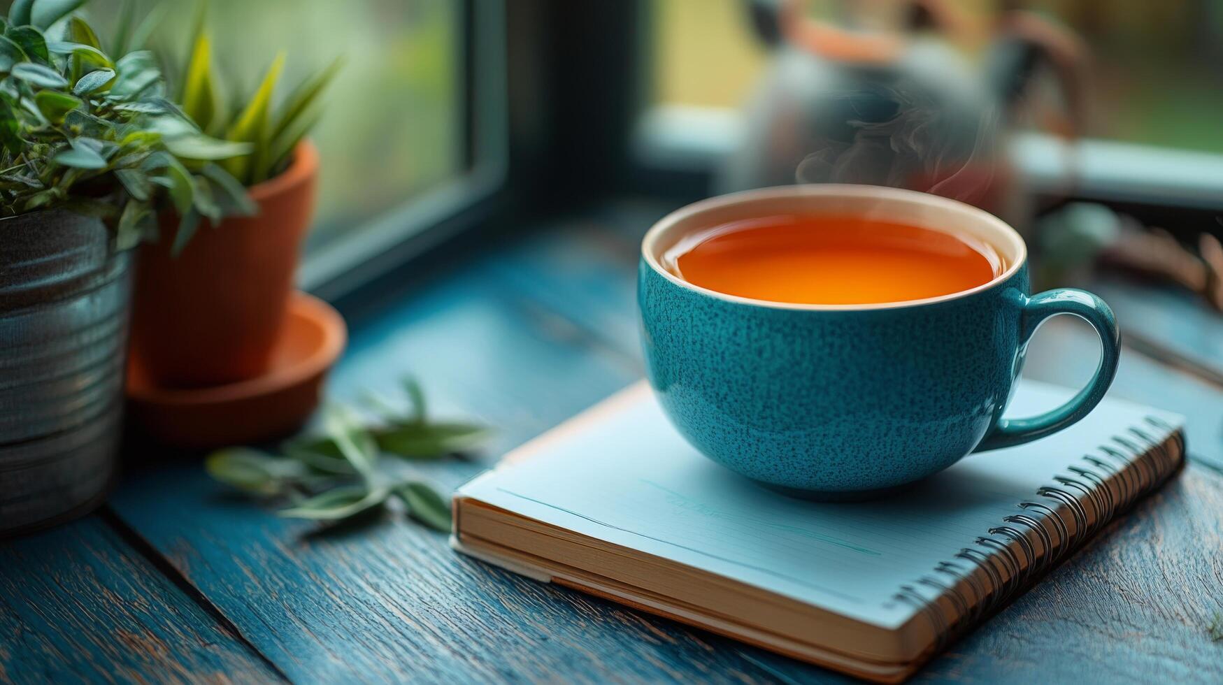 A cup of tea is sitting on a book on a window sill photo