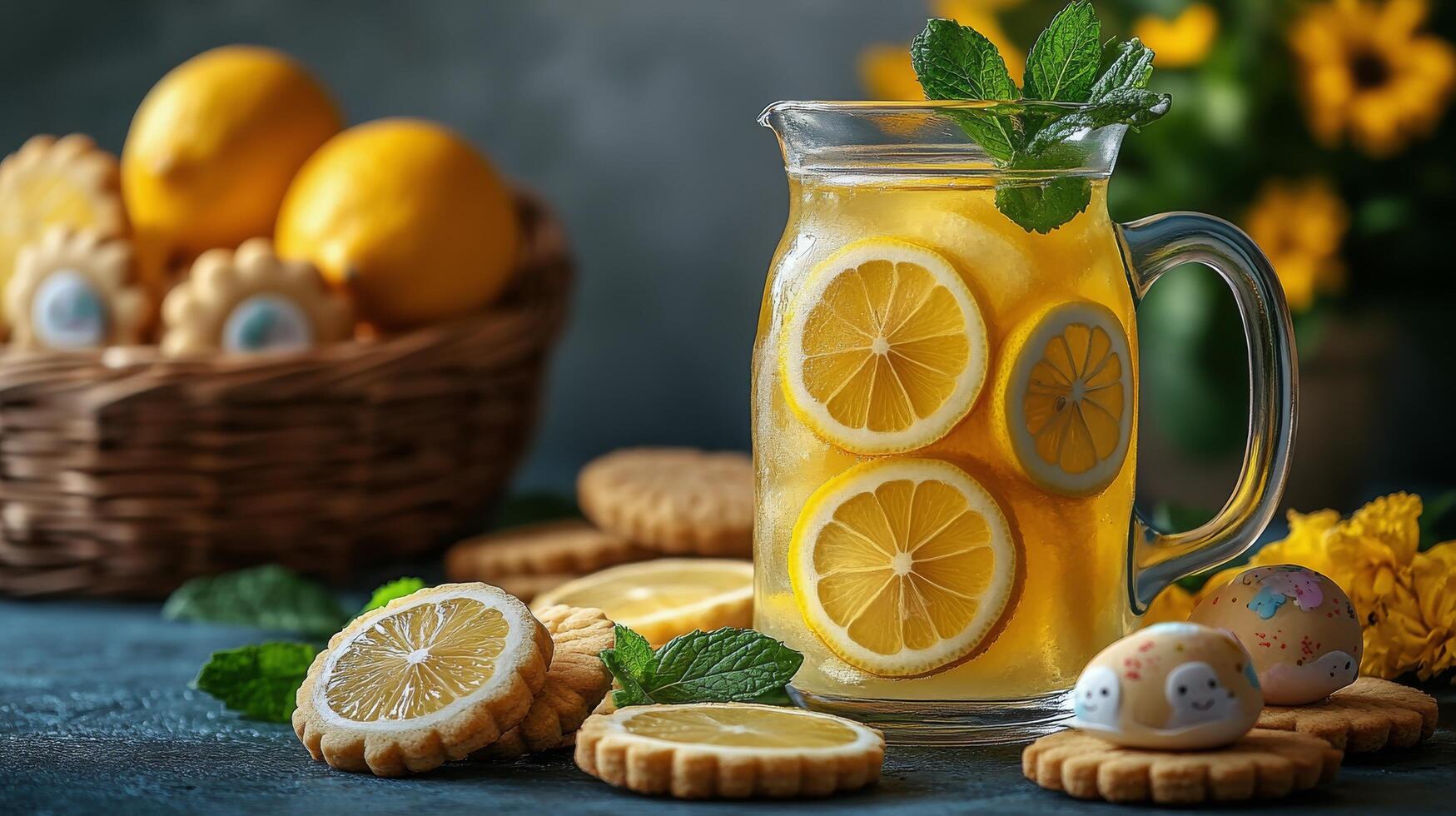 Lemonade in a glass with cookies and lemon slices photo
