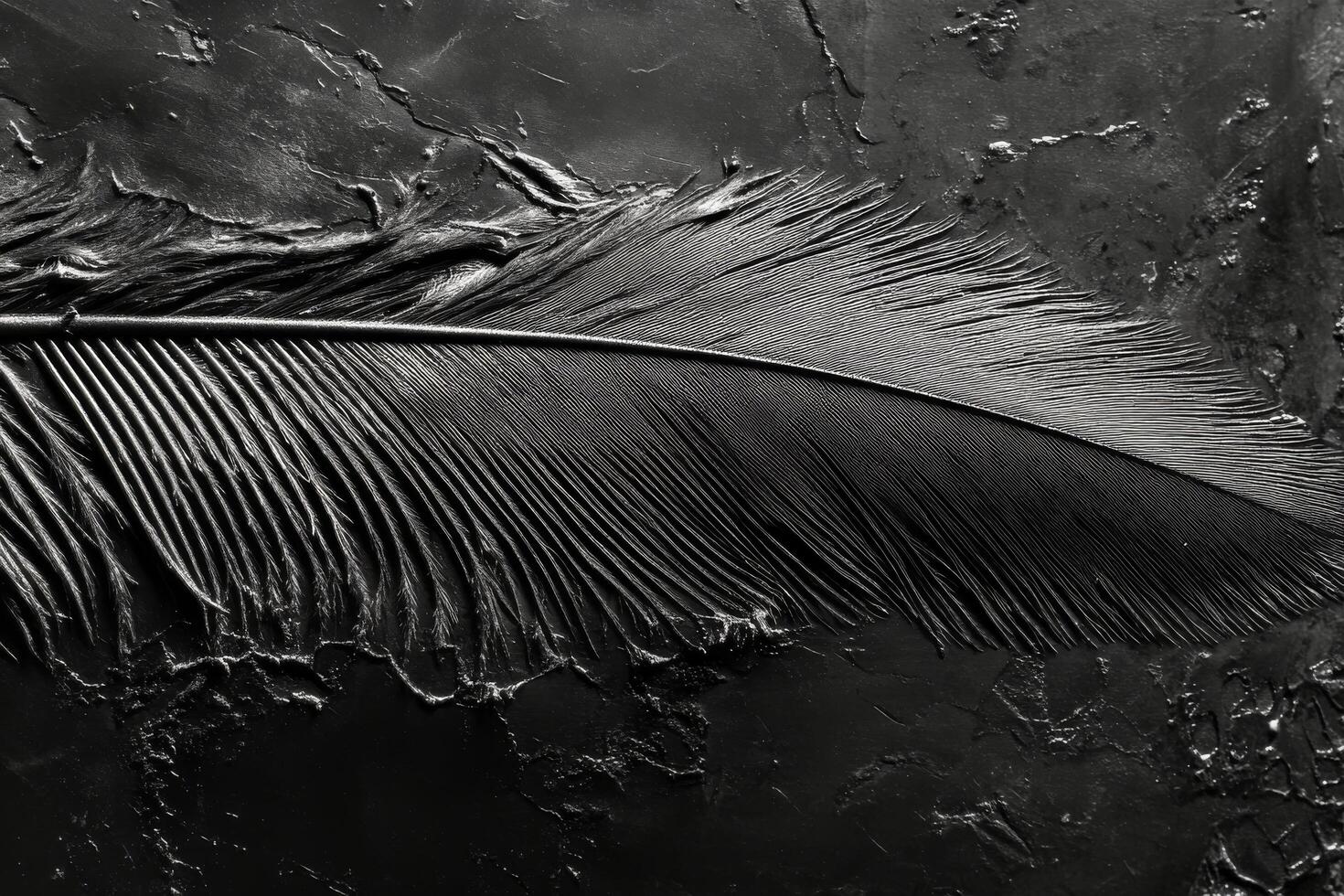 Detailed close-up of a delicate feather showcasing water droplets in black and white photo