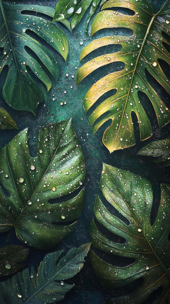 A painting of tropical leaves with water droplets photo