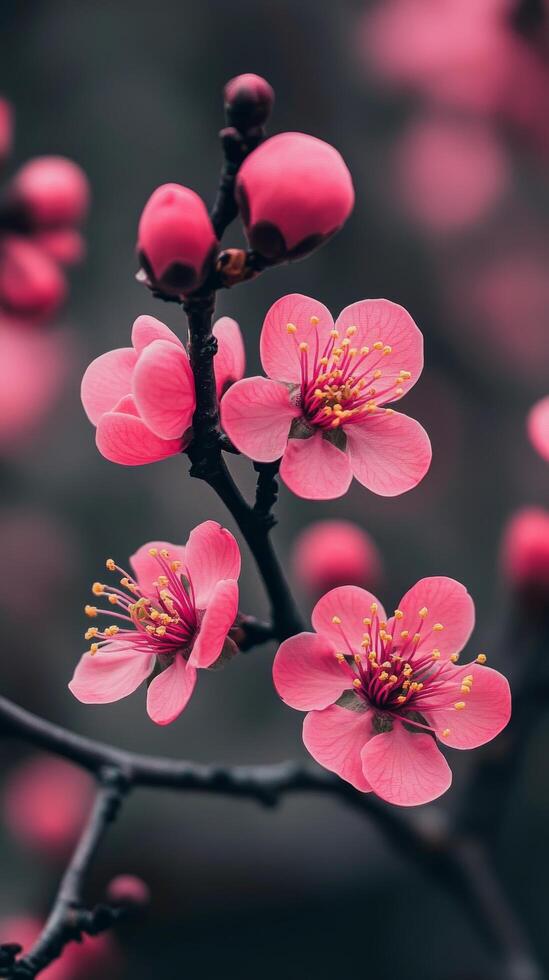 Pink flowers are blooming on a branch photo