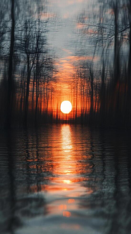 A blurry photo of the sun setting over a lake