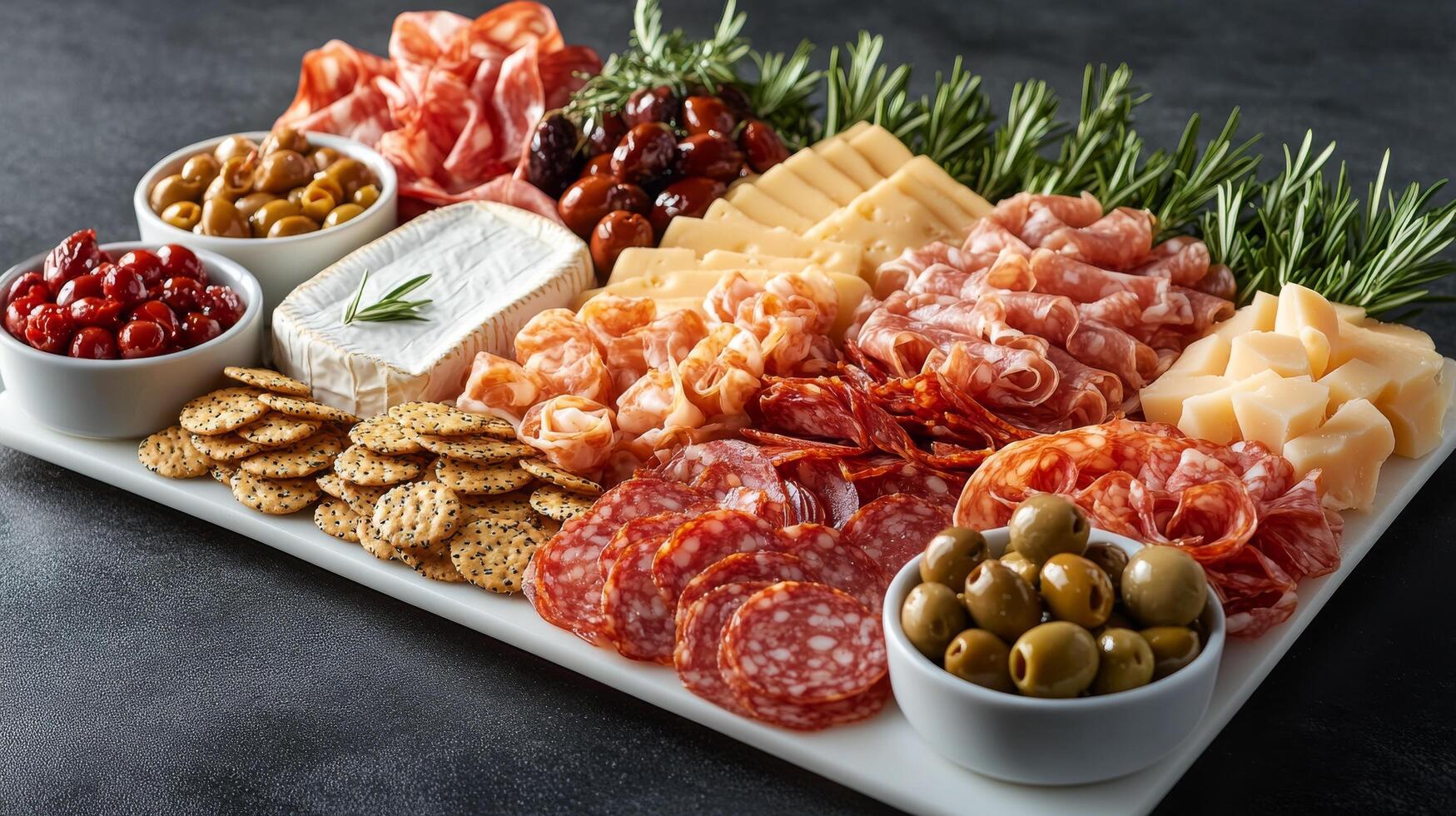 A platter of meat, cheese and crackers photo