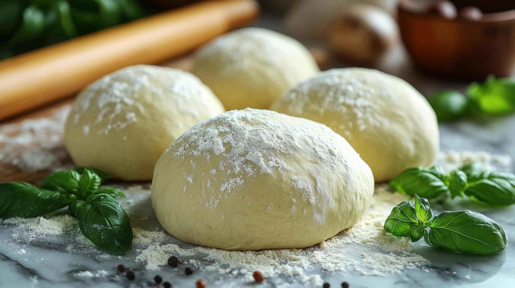 Three balls of dough with basil and spices photo