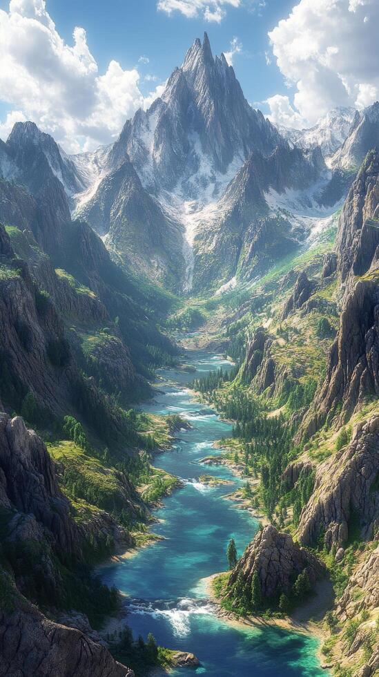 A beautiful mountain landscape with a river and mountains photo
