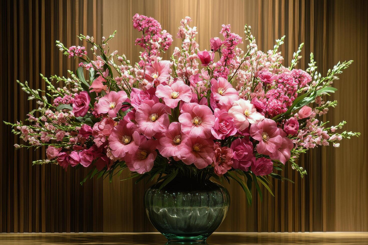 A vase filled with pink flowers sitting on a table photo