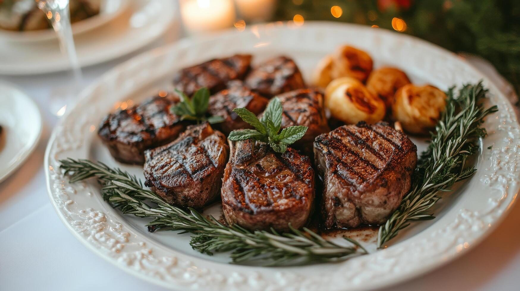 Grilled lamb chops served with roasted vegetables and yogurt sauce at a rustic dining table photo