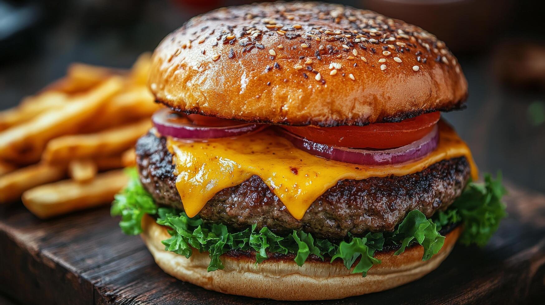 A hamburger with cheese and onions on a wooden board photo