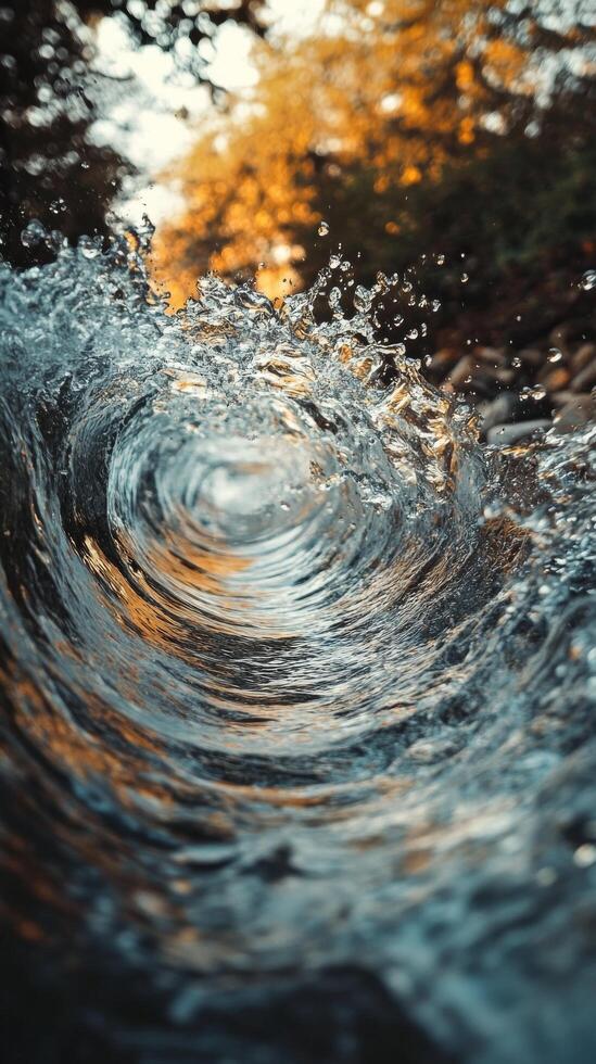 Swirling water motion under golden sunlight in a serene natural setting photo
