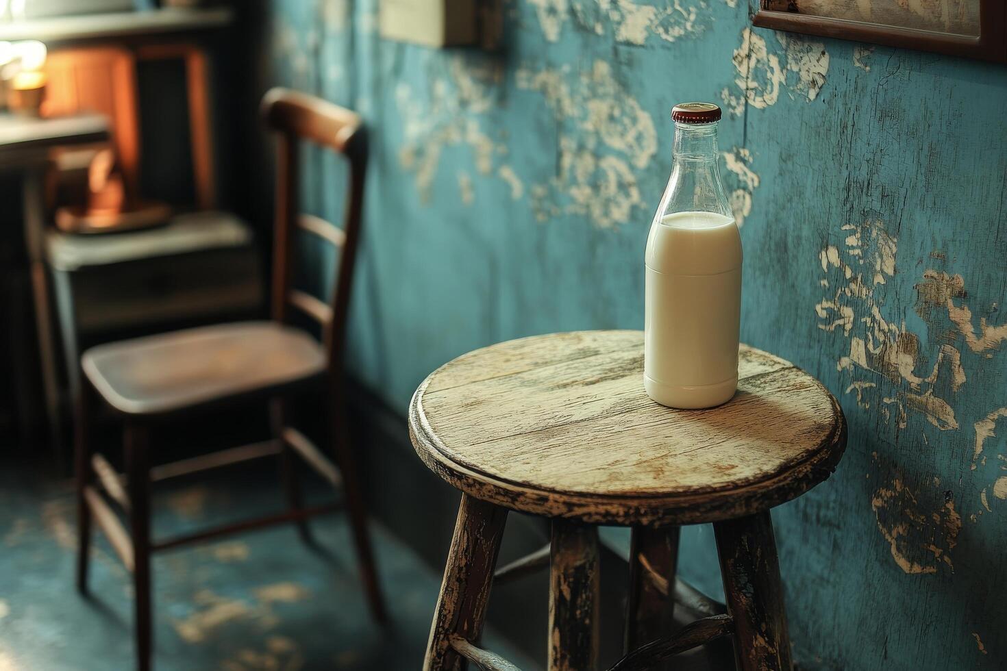 A bottle of milk sits on a stool in front of a blue wall photo