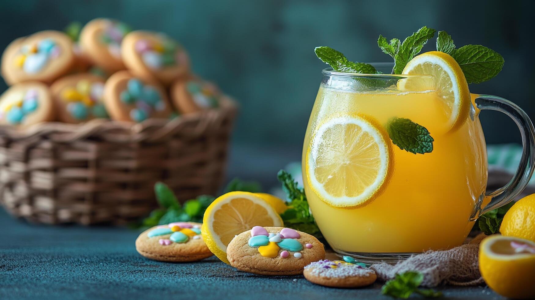 Lemonade with cookies and mint leaves photo