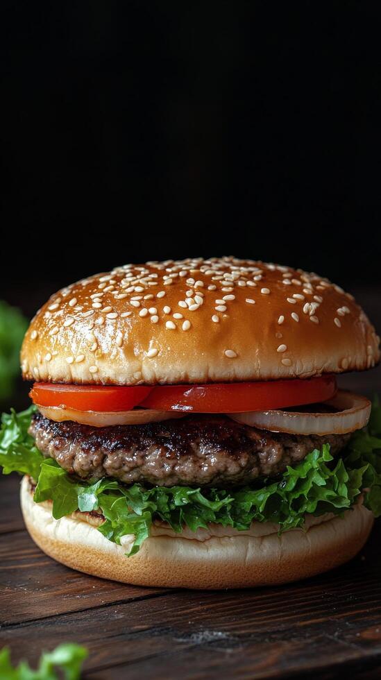 A hamburger with lettuce and tomato on a wooden table photo