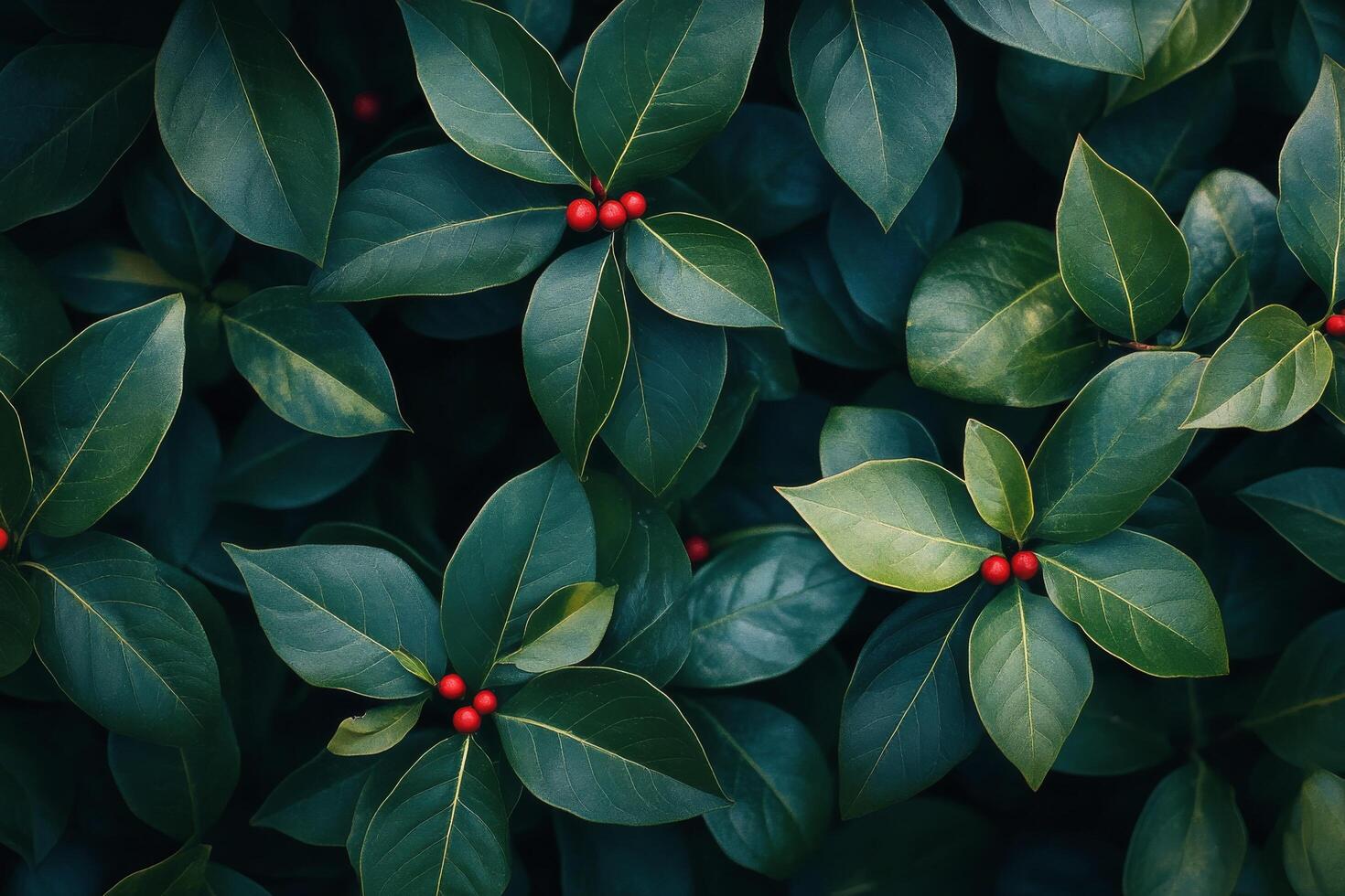 A close up of green leaves with red berries photo