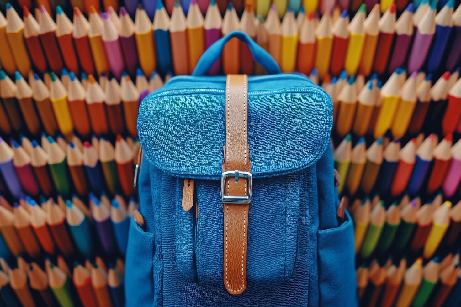 Bright blue backpack in front of colorful pencils displayed on a vibrant wall photo