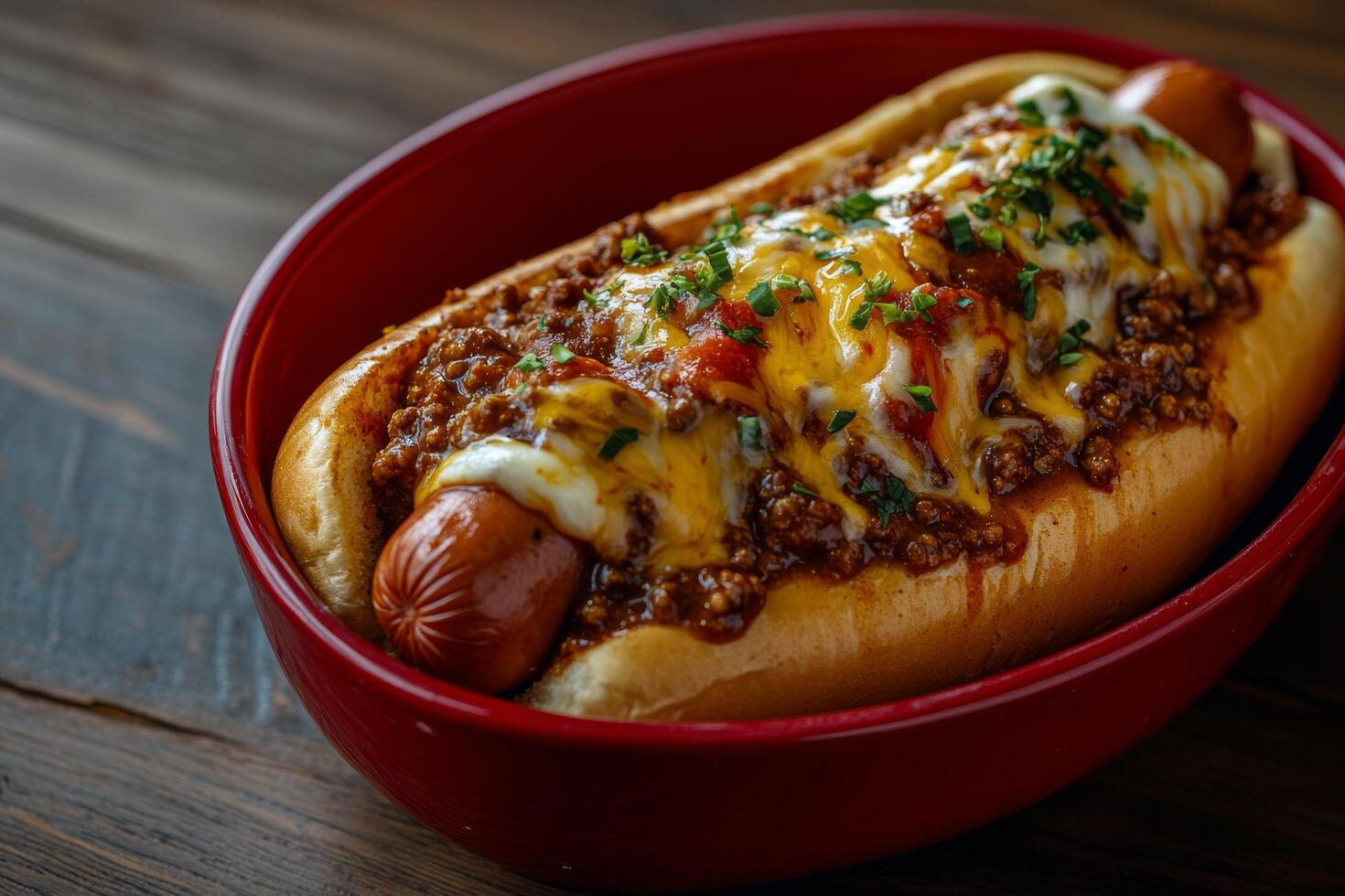 A chili dog with cheese and chili in a red bowl photo