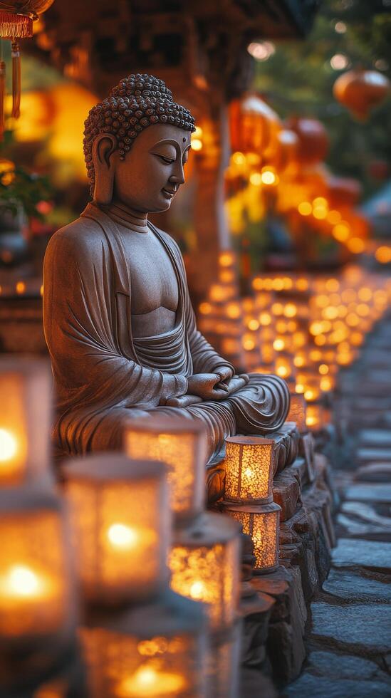 Buddha statue with candles in the background photo