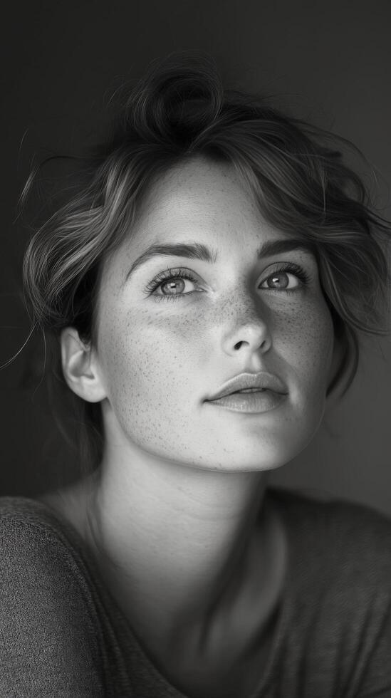 Black and white portrait of a woman with freckles photo