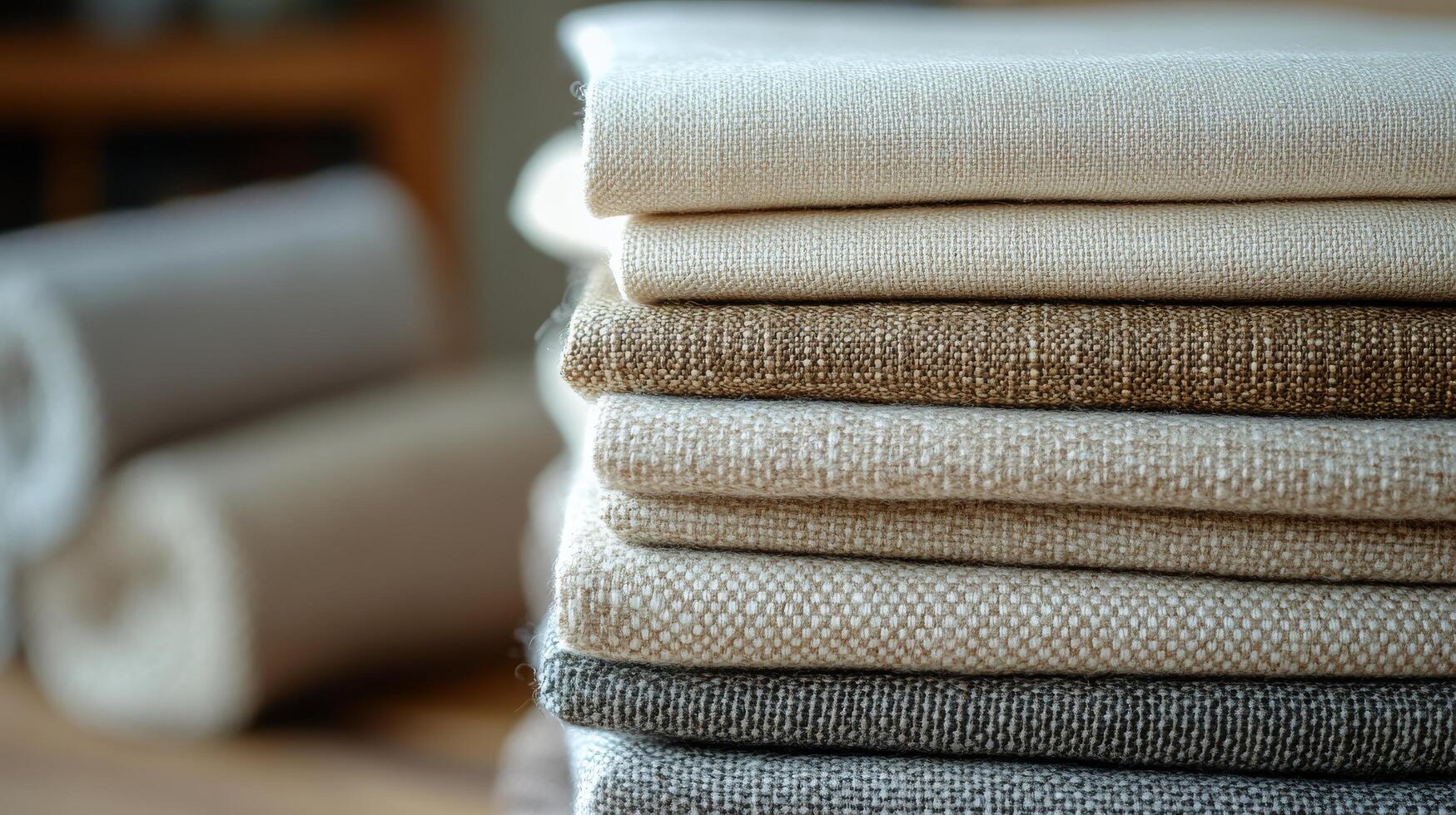 A stack of linen and towels on a wooden table photo