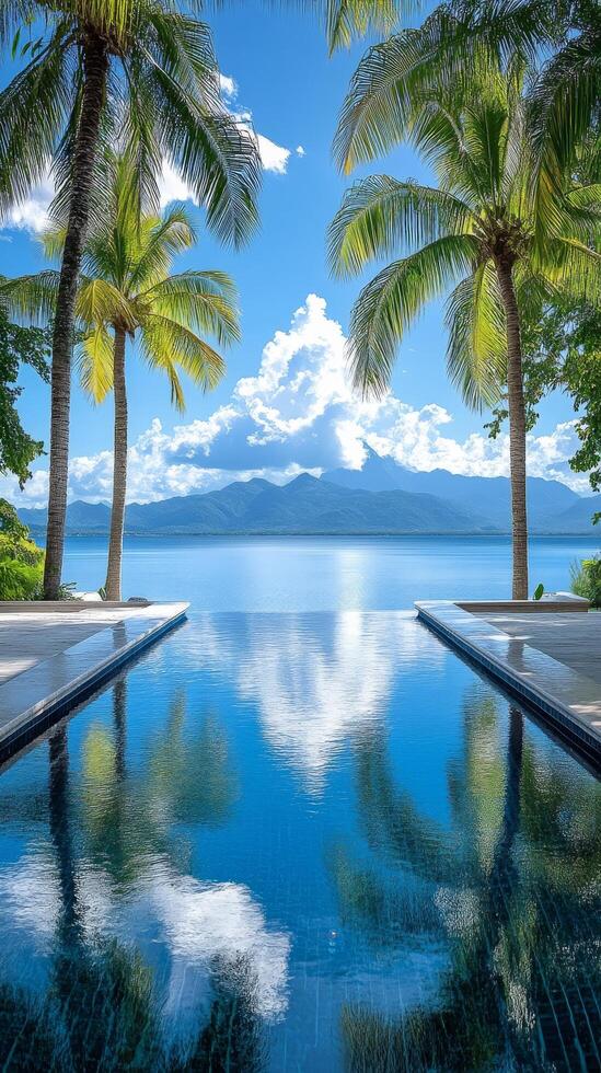 A pool with palm trees and a mountain view photo