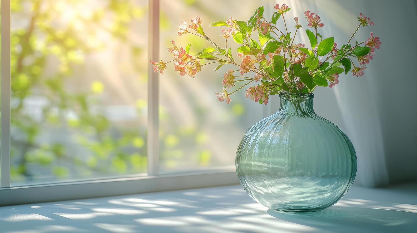 A vase with flowers sitting on a windowsill photo
