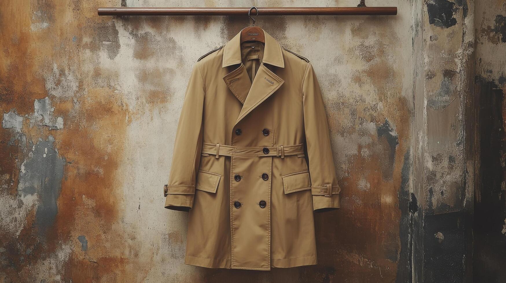A tan trench coat hanging on a wooden hanger photo