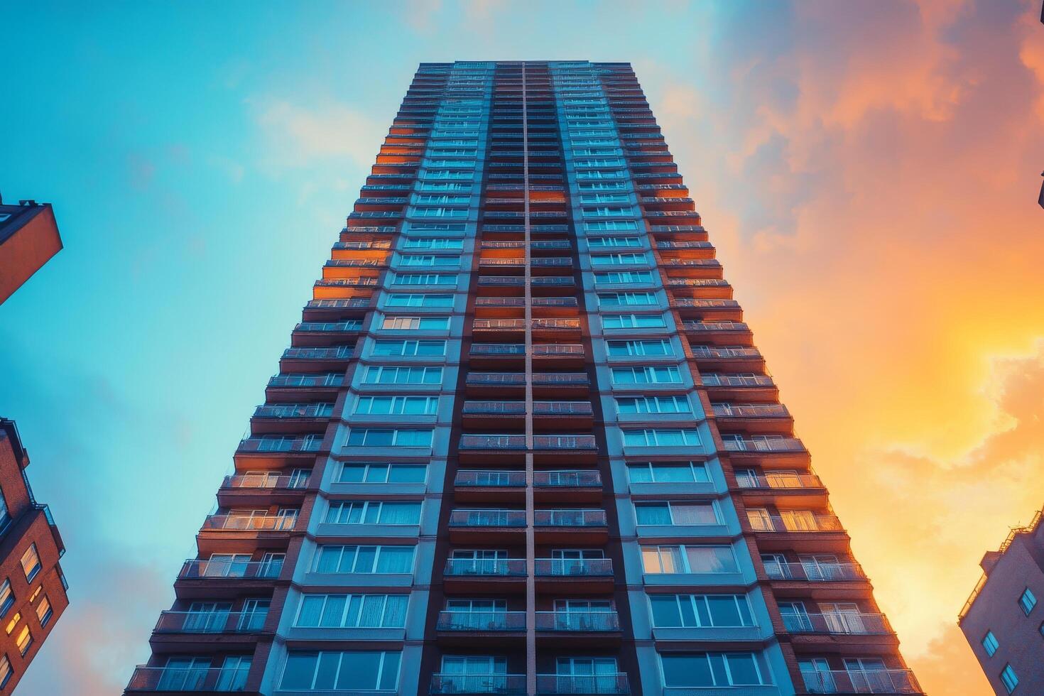 Tall building with windows and sky at sunset photo