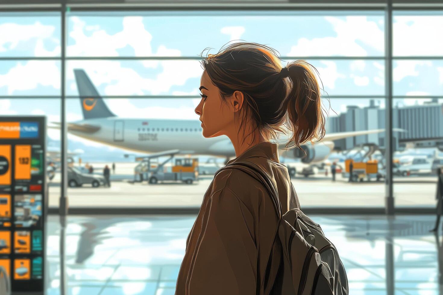 A woman is looking at an airplane at an airport photo