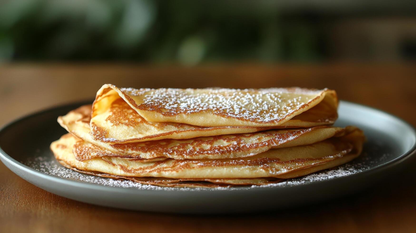 A stack of pancakes on a plate with powdered sugar photo