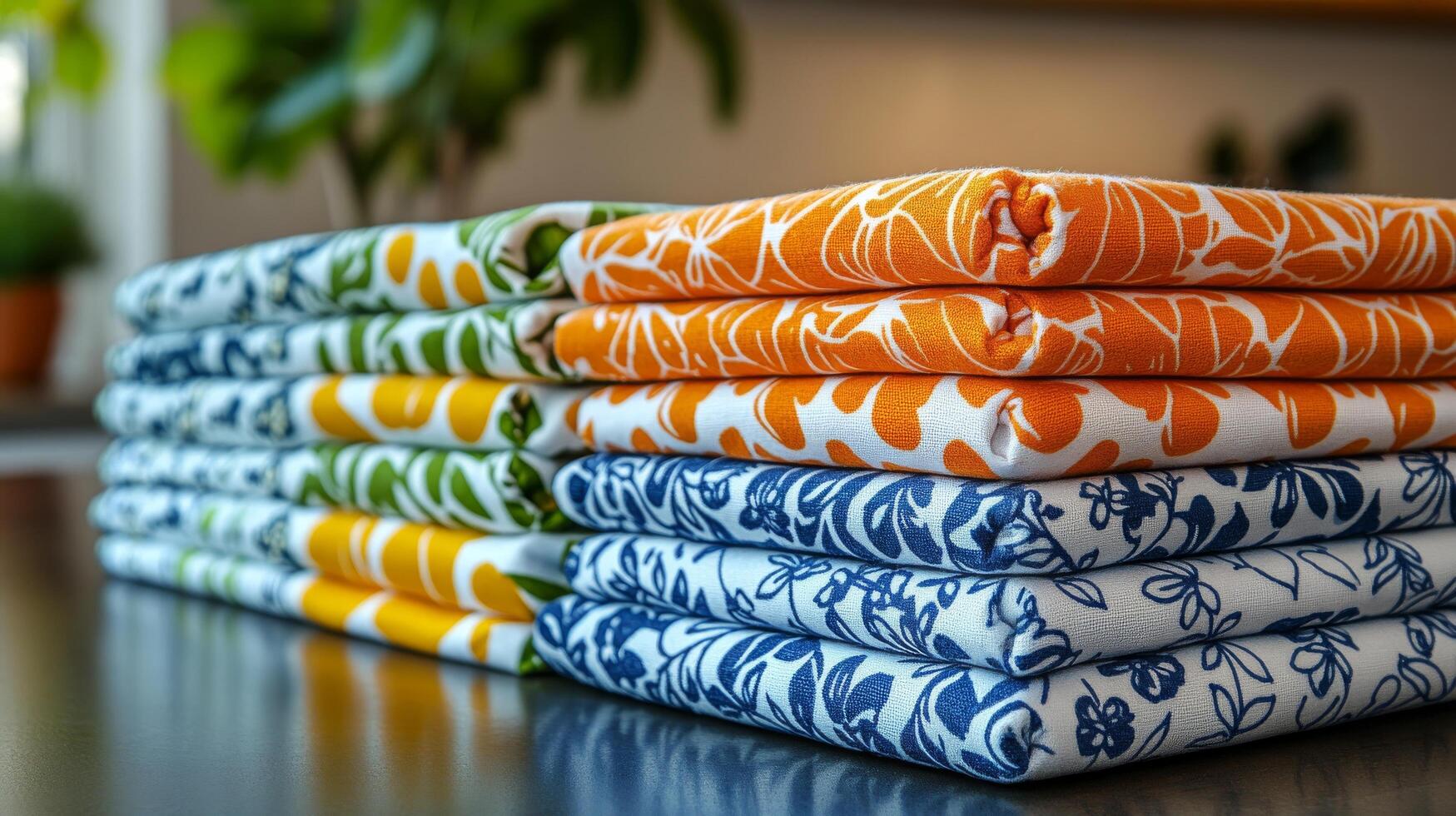 Colorful textiles stacked neatly showcasing various patterns and textures in a vibrant display photo