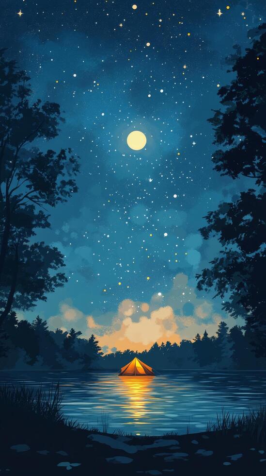 A painting of a tent on the water at night photo