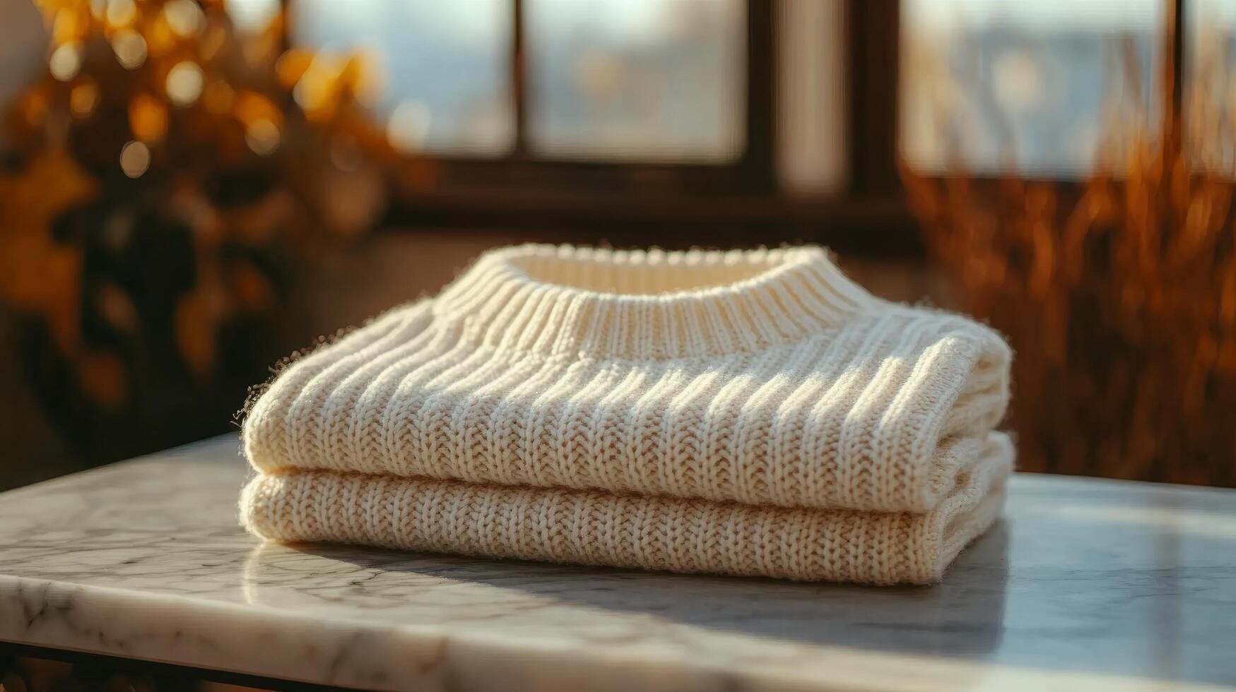 A stack of white knitted sweaters on a table photo