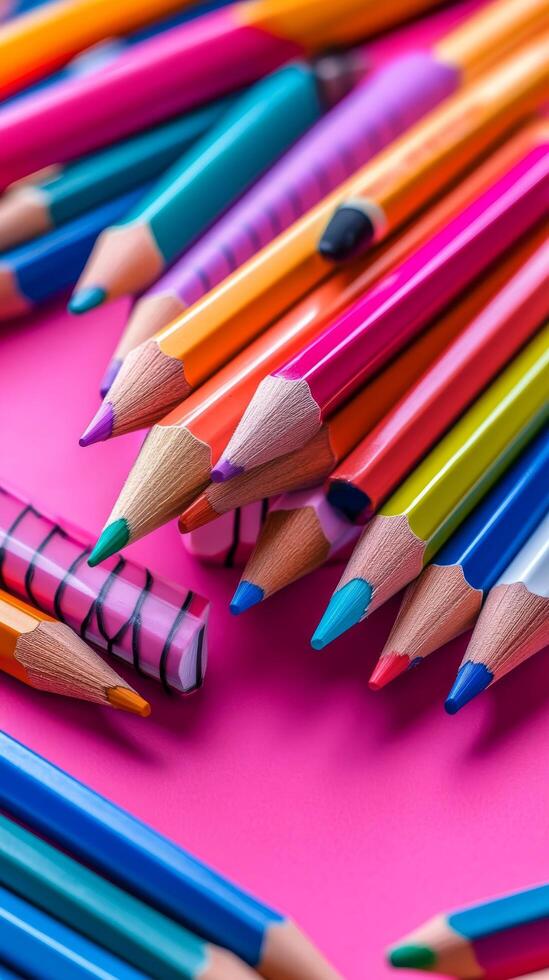 Colorful pencils arranged in a vibrant display on a bright pink background photo
