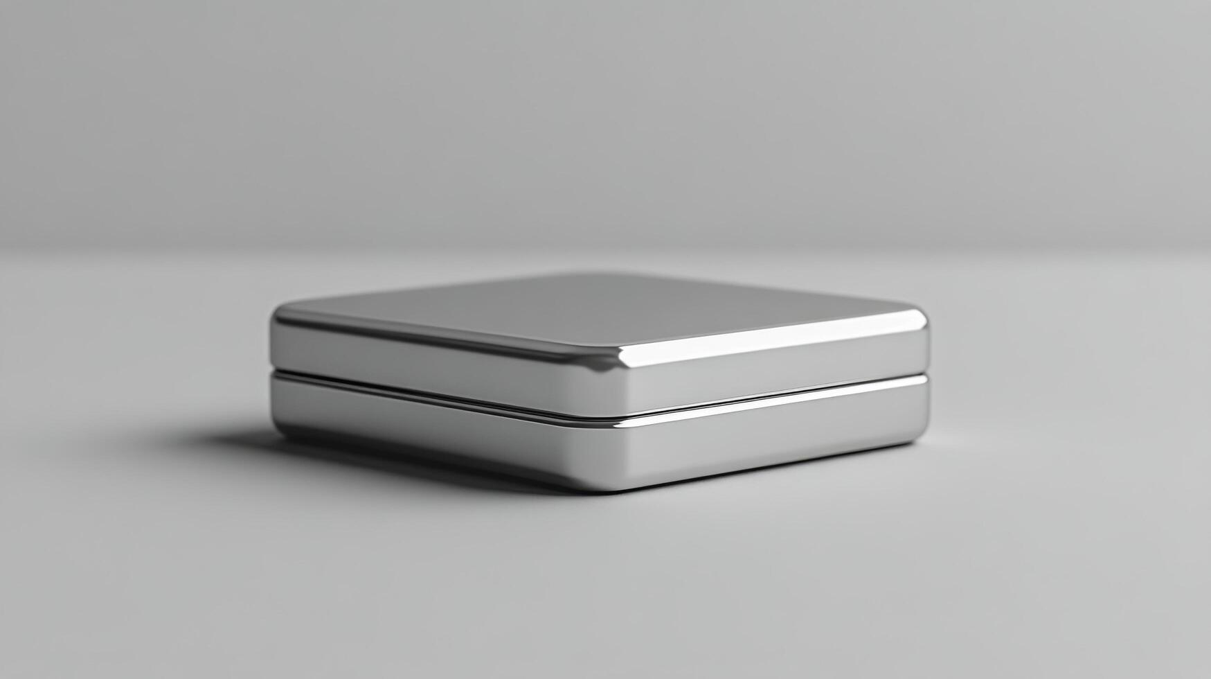 Silver metallic box on textured black surface with reflective finish and smooth edges photo