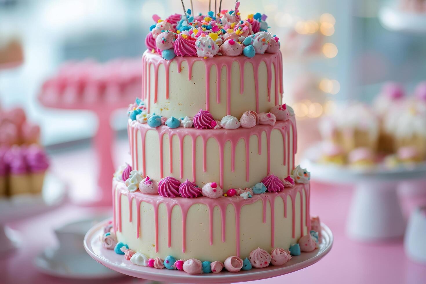 A pink cake with sprinkles and a candle on top photo