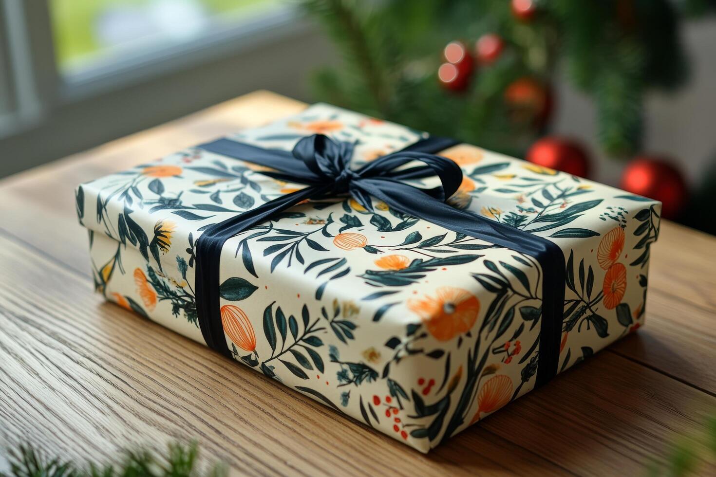 A gift wrapped in a floral pattern on a table photo