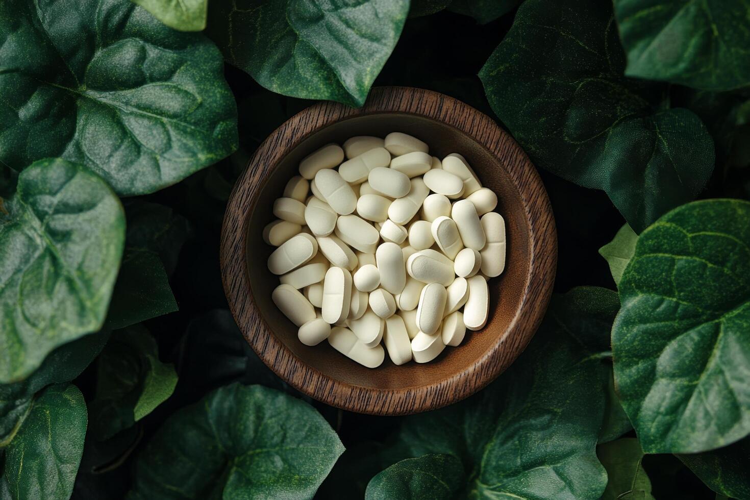 A bowl of white pills surrounded by green leaves photo